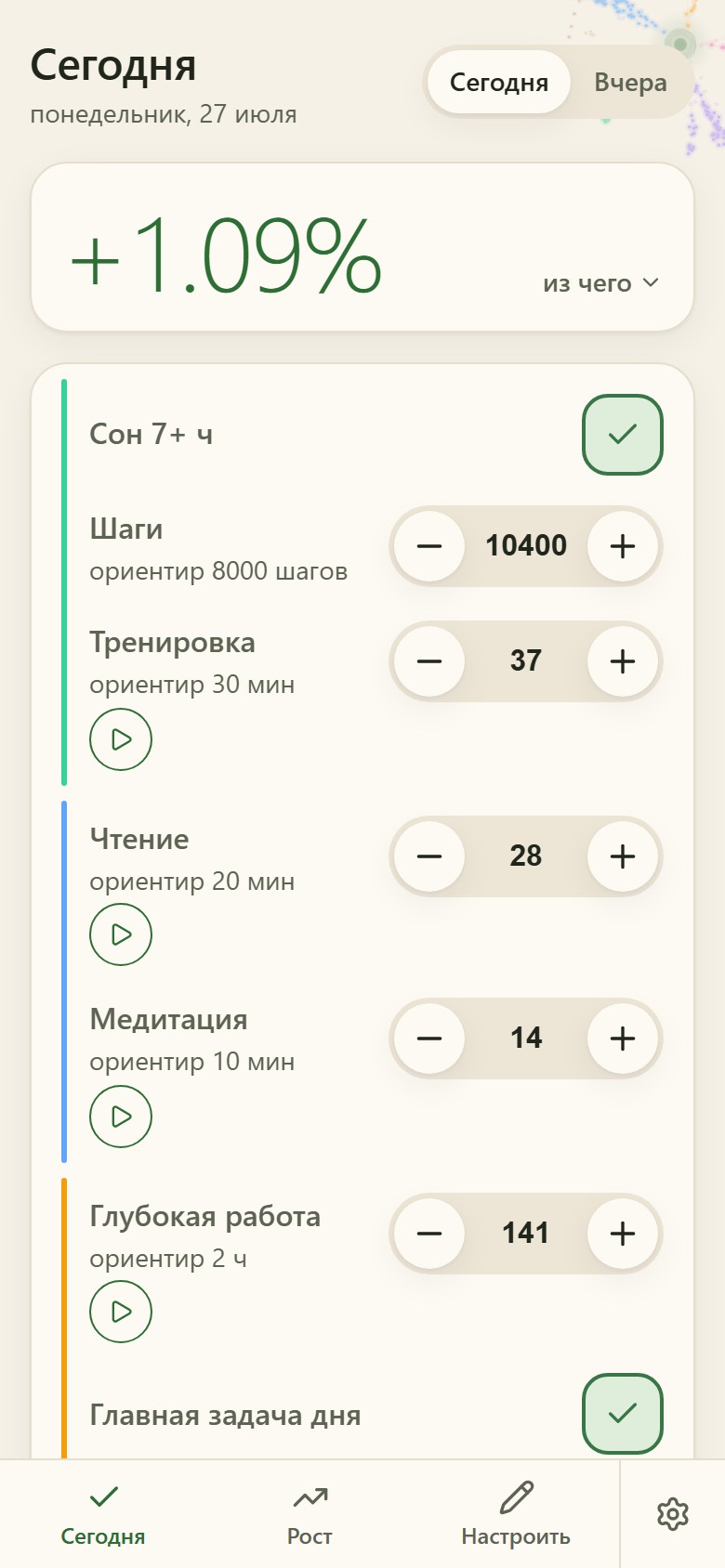 Экран «Сегодня»: балл дня и список занятий на одном экране